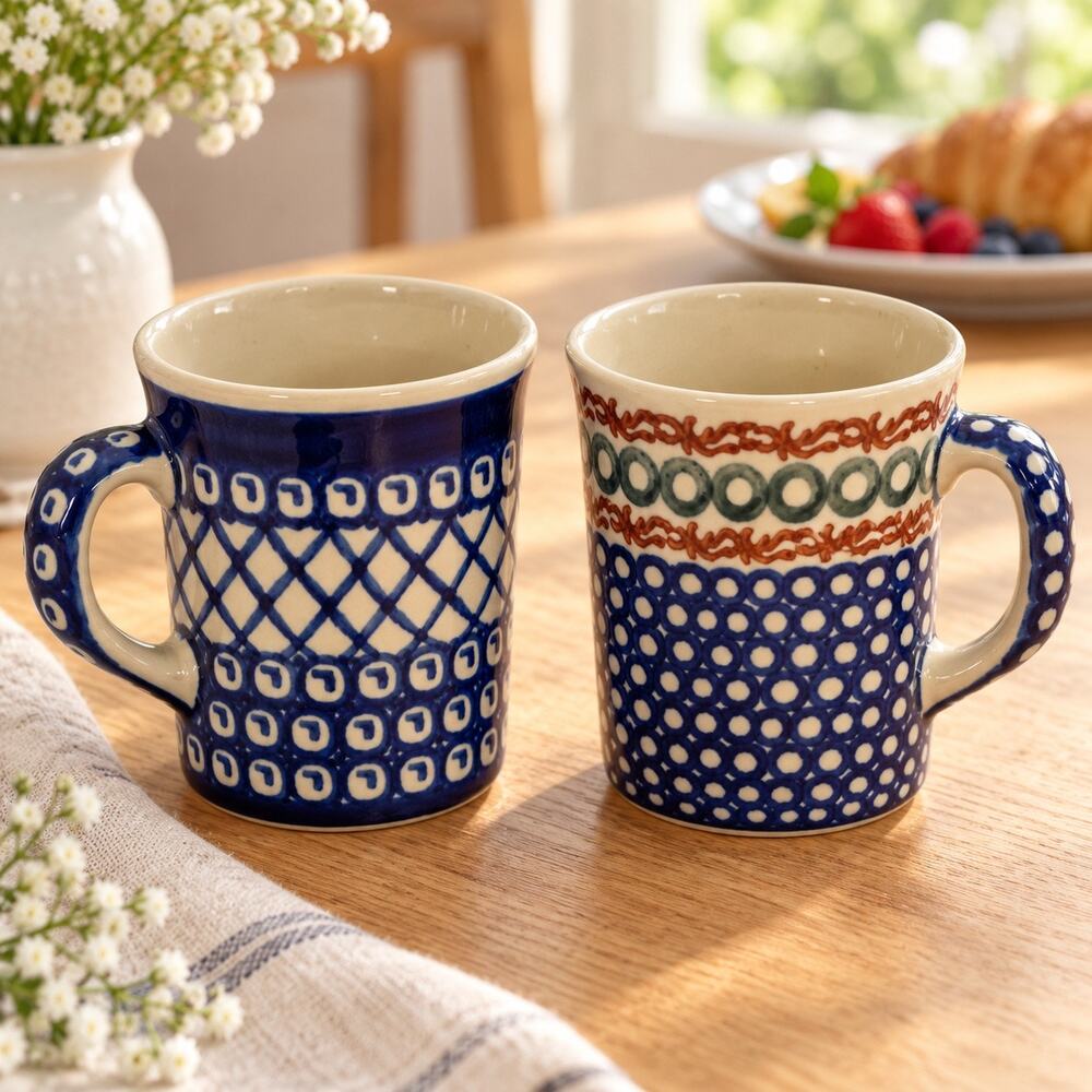 Polish Pottery Coffee Mugs Set of 2 Handmade in Poland Blue Cream Lattice Dots